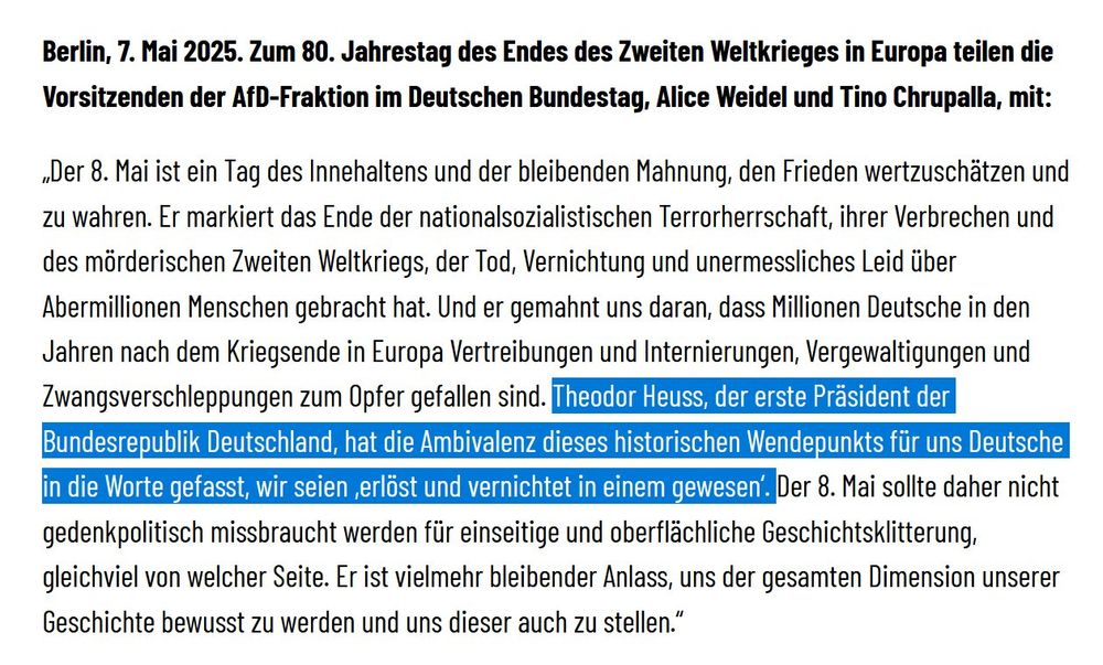 Screenshot einer Pressemitteilung der AfD-Fraktion mit Heuss-Zitat "Theodor Heuss, der erste Präsident der Bundesrepublik Deutschland, hat die Ambivalenz dieses historischen Wendepunkts für uns Deutsche in die Worte gefasst, wir seien 'erlöst und vernichtet in einem gewesen.'