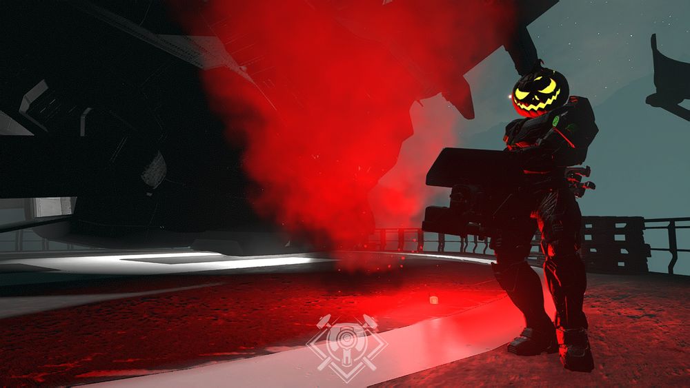 "Ra Kue’e Station” Forge map by ArturBloodshot. The sinister silhouette of a Spartan in Gourdian Knight armor looms in the red haze of a flare near a Pelican.