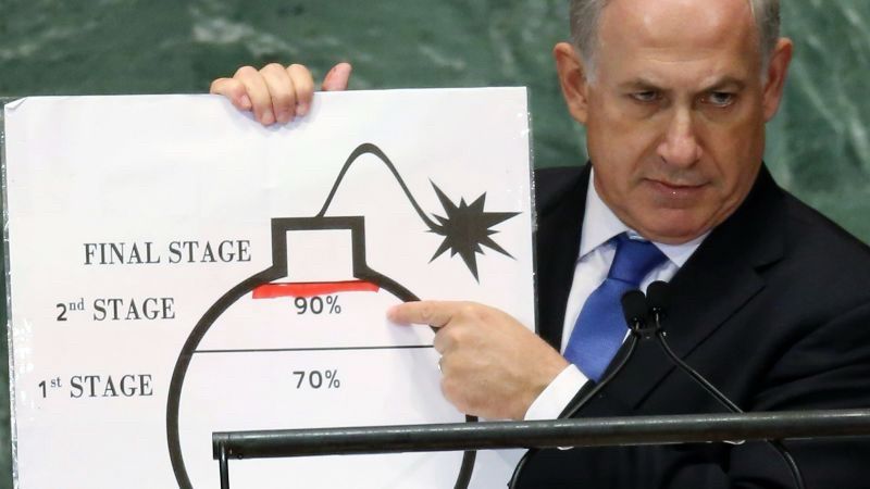 Panto villain Netanyahu displays ridiculous bomb graphic at the UN in 2012.