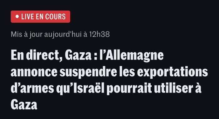 Rot unterlegt: Live en cours


Mis à jour aujourd’hui à 12h38

En direct, Gaza : l’Allemagne annonce suspendre les exportations d’armes qu’Israël pourrait utiliser à Gaza