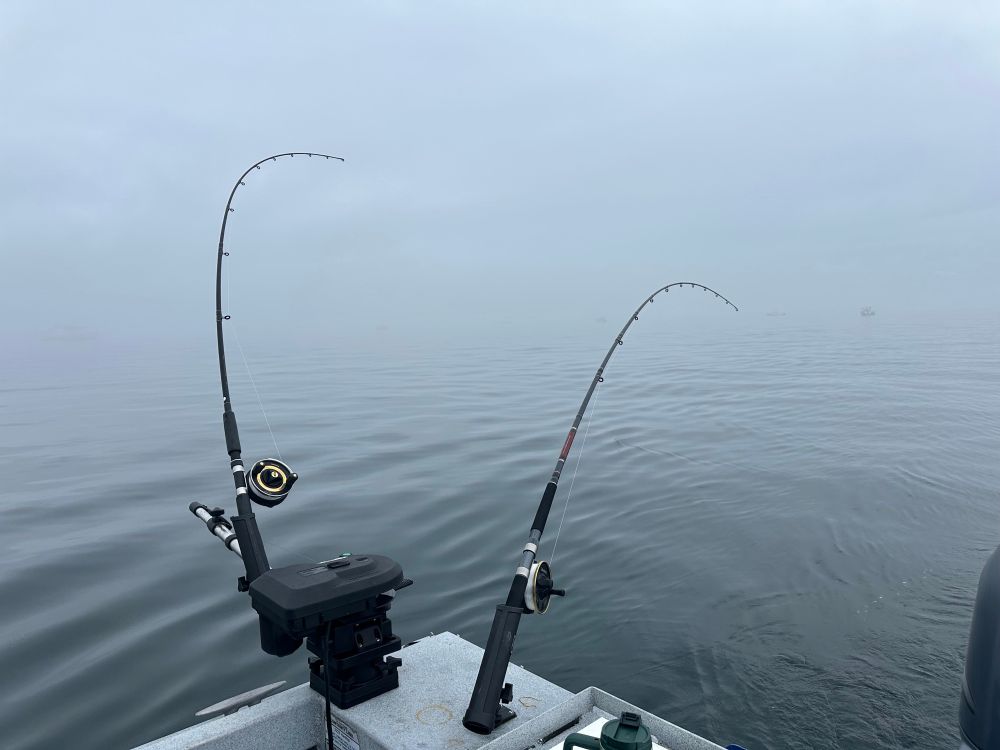 Calm seas with rods in the water, double stacking the Scotty Downrigger.