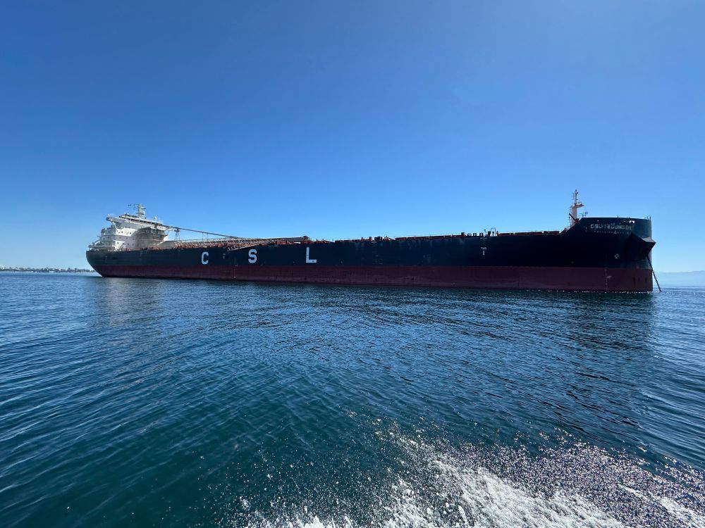 A large freighter anchored off Esquimalt Lagoon