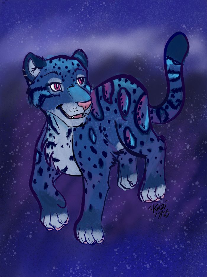 Drawing of blue clouded leopard floating through outer space