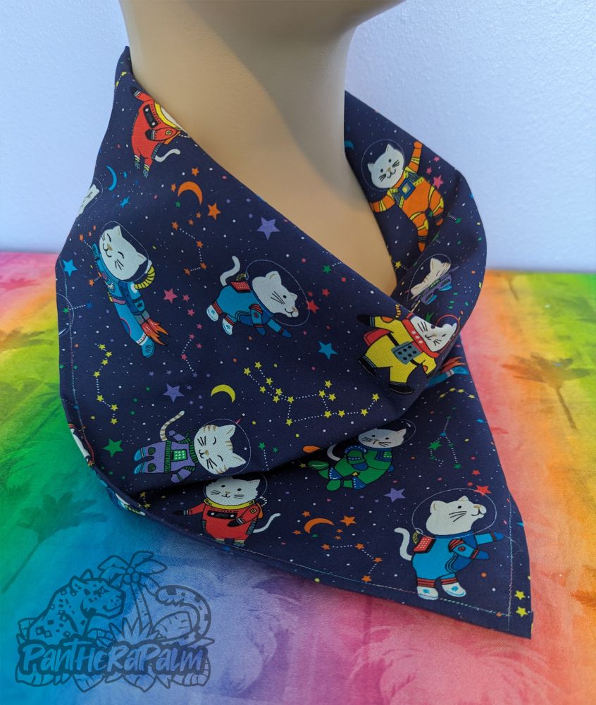 Blue bandana with colorful stars and astronaut cats