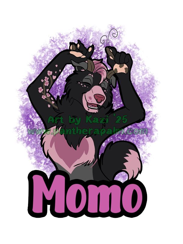 Artwork of happy black and pink goat/husky hybrid character