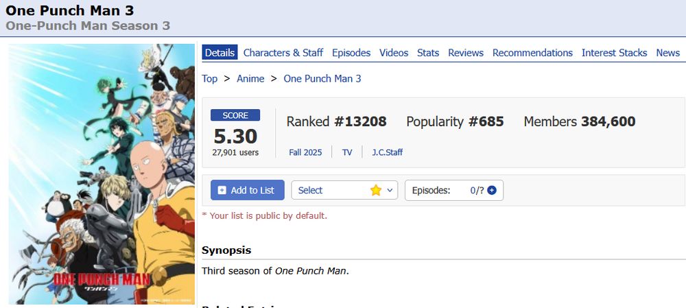 One Punch Man saison 3 avec un score de 5.3 sur MAL