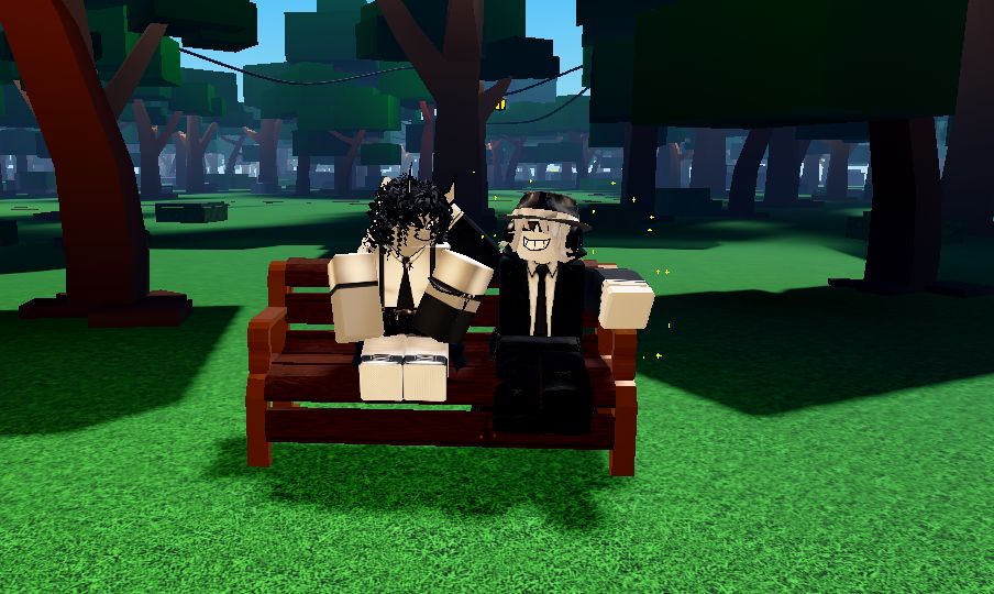 Chance and Azure forsaken sat on a bench, Chance's arm around Azure's shoulder.