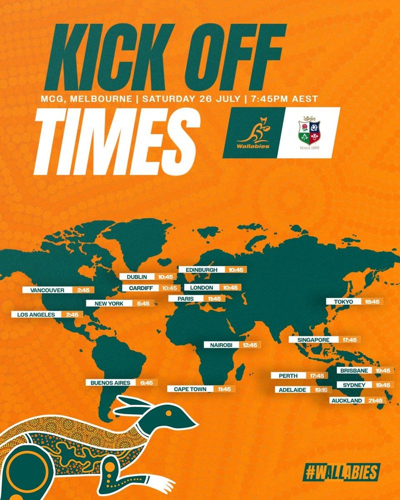 Kick off times for the Wallabies v British & Irish Lions match. 