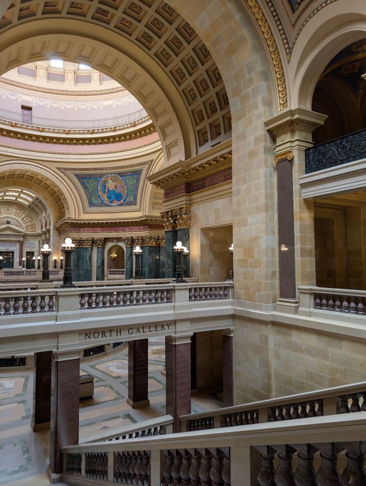 A view of the dome and central atrium within the Wisconsin Capitol building. 