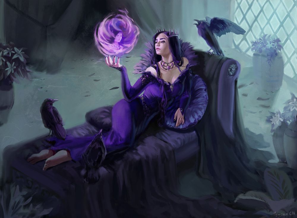 Raven queen laying on a couch, surrounded by ravens, observing her champion through a spell she’s casting on her hand.
