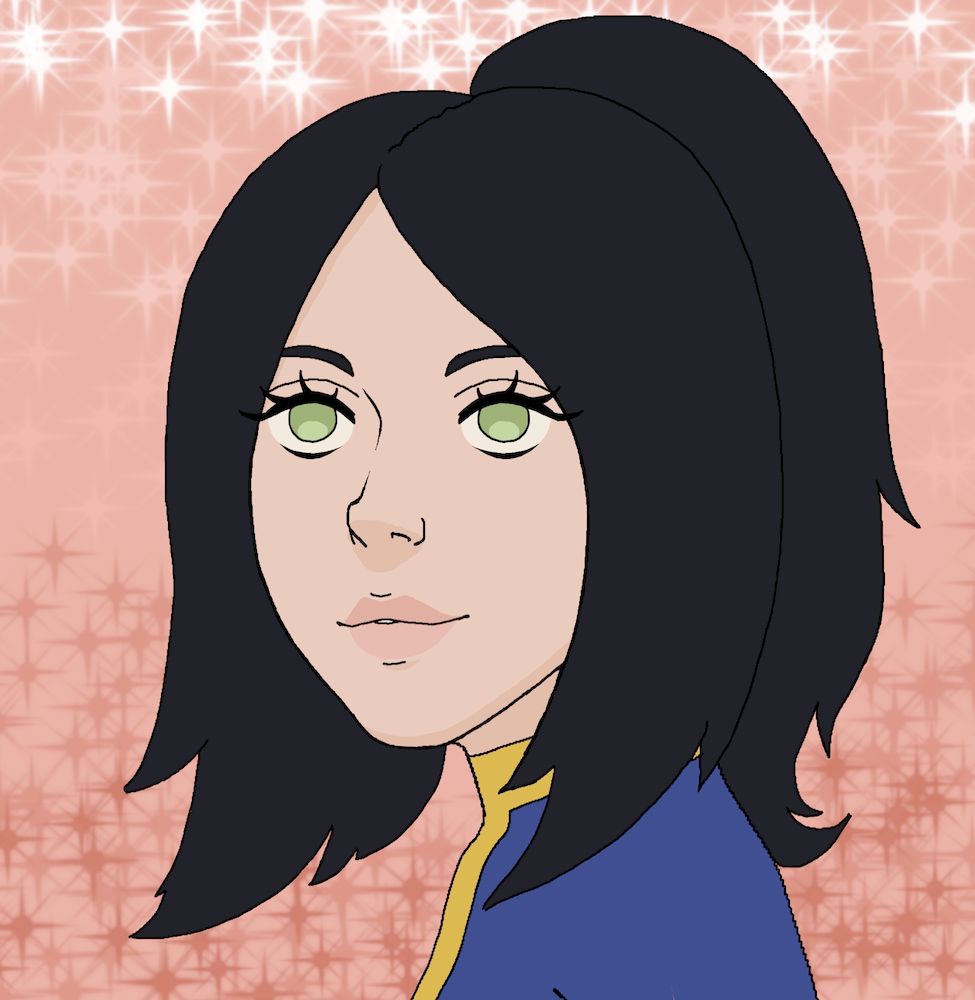 Drawing of a pale girl with light green eyes and dark hair wearing a vault jumpsuit from the Fallout franchise in front of a sparkly pink background. 
