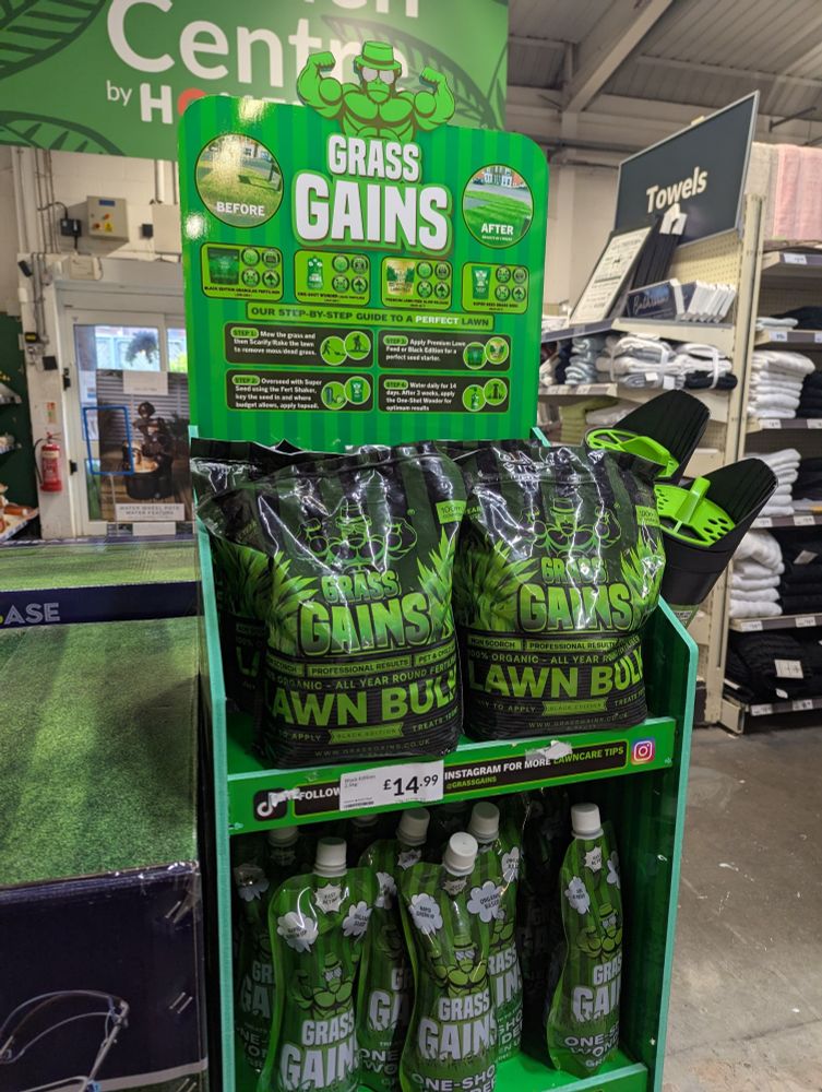 Grass Gains Display, it's lawn feed but for some reason they are marketing it like protein powder and shakes???