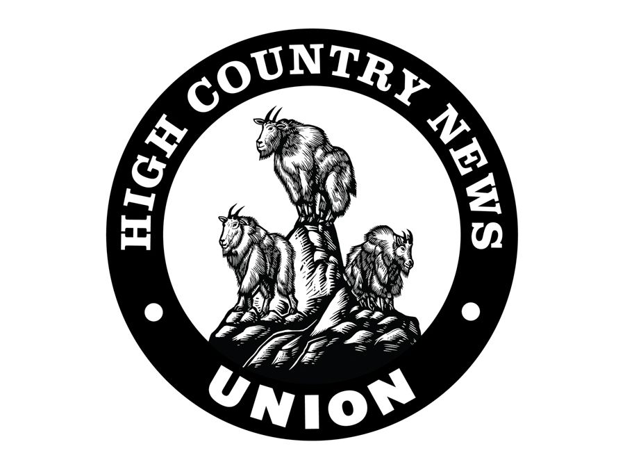 Circular, black and white logo with a linocut illustration of three mountain goats encircled by bold lettering that says HIGH COUNTRY NEWS UNION.
