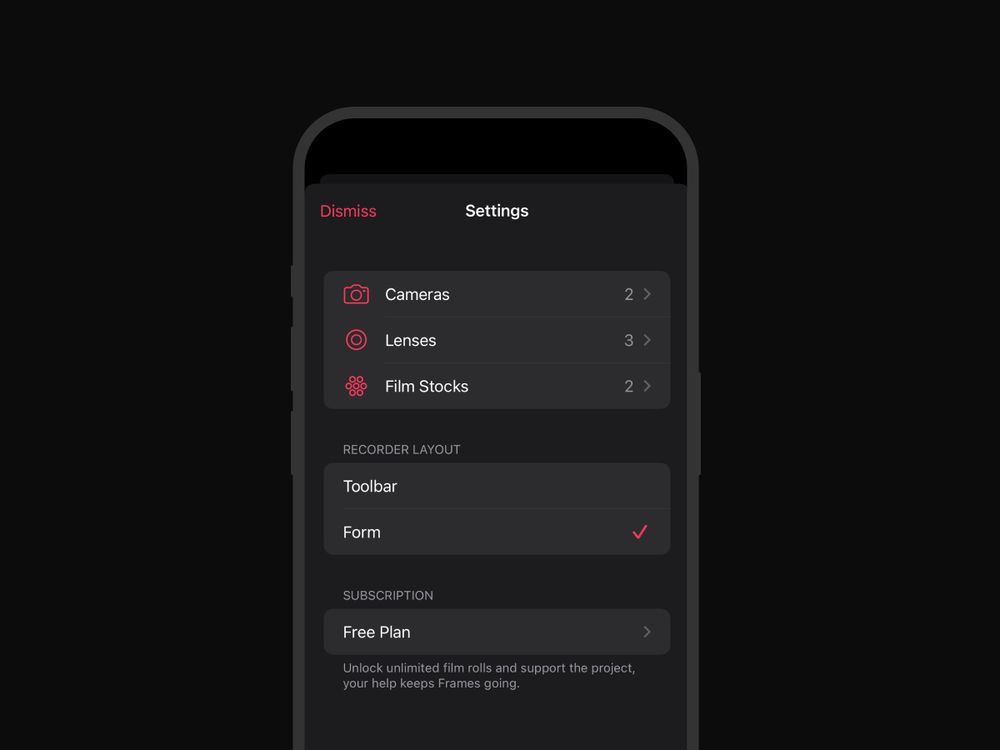 Film photography app frames: settings screen (cameras, lenses, film stocks, etc)