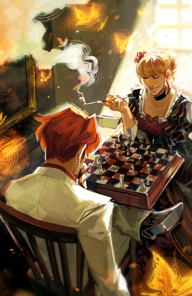 a digital illustration of battler and beatrice from umineko, playing chess together at a bloody chessboard. battler covers his mouth in thought, while beatrice smiles and holds out her smoking pipe. golden butterflies surround the scene.