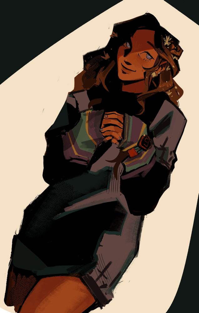 Digital Illustration of Akane Kurashiki from the Zero Escape series. She is smiling and looking at the viewer with clasped hands. The top half of her face is shrouded in darkness. The piece is done in dark, muted warm colors with heavy black shading.
