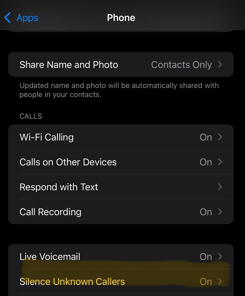 highlighted Silence Unknown Callers feature on iPhone