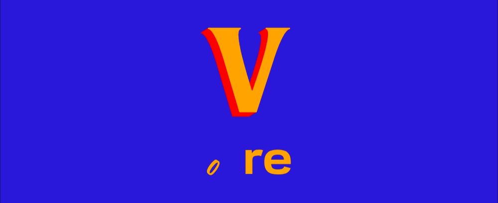 Blue background
Yellow text
The 1st letter of the word is large above the rest and has red dropshadow
The 2nd letter of the word is small and italicized
The 3rd and 4th letters are medium sized

The word is Vore
