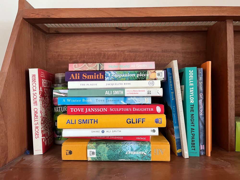 Pile of books including many Ali Smith novels and a variety of contemporary literary works.
