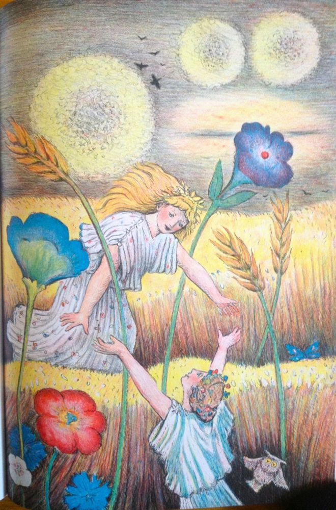 Amid blossoming flowers in a barley field, the goddess Demeter welcomes the return of her daughter Persephone from the underworld, in this color pastel drawing.