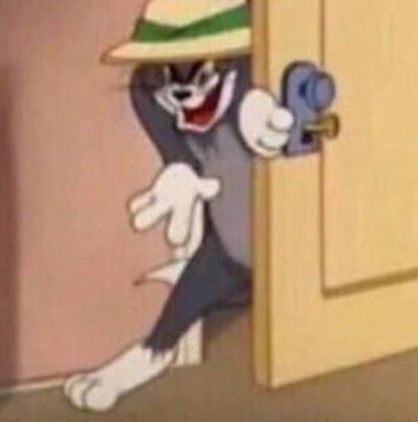 Tom, a grey cat with a yellow and green hat sneakily peering out through a door half open.