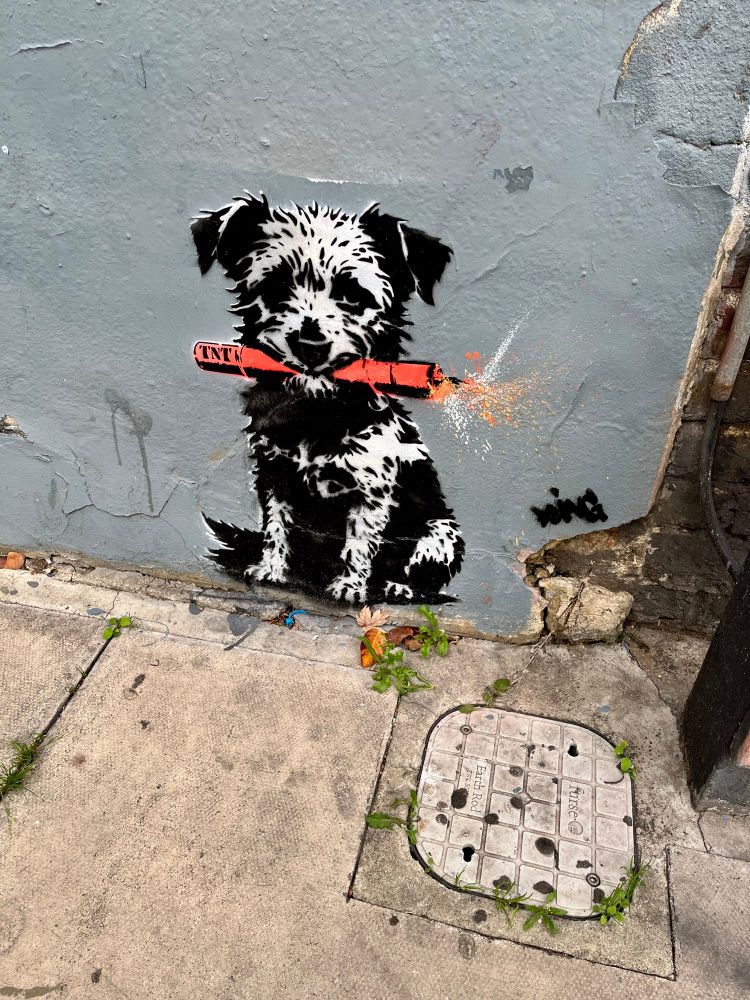 Dog spray paint mural on plaster wall