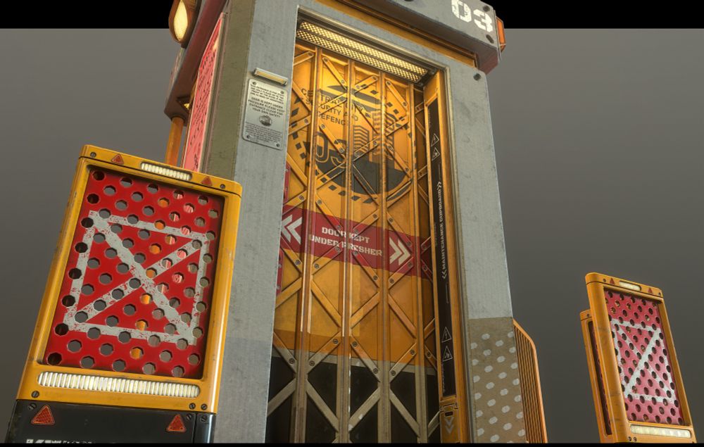 3d render of a concrete brutalist kiosk with mettle gates and glass shutter, paper screens flash red with warnings 