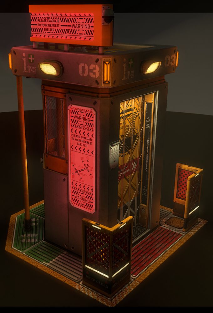 3d render of a concrete brutalist kiosk with mettle gates and glass shutter, paper screens flash red with warnings 