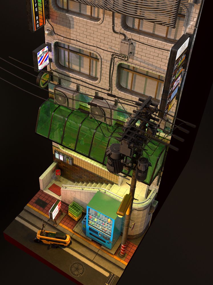 3d Japanese inspired building with a ground floor cafe and green awning. Upper floors are tiled and with neon signs. A telephone line, vending machine and motocompo sit outside on the road 