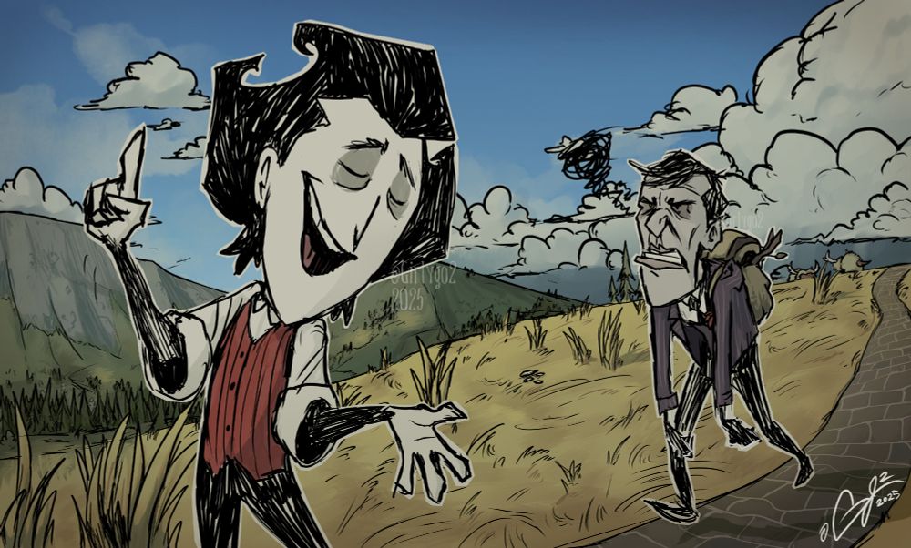 Wilson proudly explaining something to Maxwell while the two are on a walk. Maxwell wears a backpack while Wilson doesn't. Maxwell looks deeply annoyed and is slumped over with his arms hung, while Wilson is using his hands to make explanatory gestures. The setting is a sunny, warm day, the two in the middle of a savanna biome while there are mountains and rich forests in the background. The sky harbors many thick, dense clouds, suggesting a storm is approaching from behind.