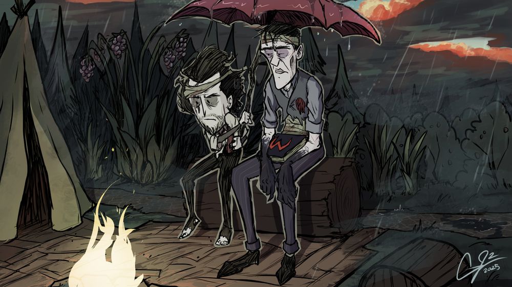 The scene is dreary and rainy, taking place at the encampment of tow characters, Wilson and Maxwell. To the left of the image, there's a tent, some juicy berry bushes, and to the right, regular bushes. The scene is mostly lit by a firepit in front of the two characters. Behind them, the clouds part to reveal the sky, the tips of the clouds lit in near scarlet, bringing needed warmth to the colors.
The characters themselves are sitting together on a log, Wilson holding an umbrella and holding it both over himself and Maxwell. Wilson looks away, a small flustered glare in his expression, revealing to the viewer his refusal to acknowledge such a friendly gesture. Maxwell is tiredly looking at him, the Codex Umbra resting on his lap as he lays his arms on it. He doesn't appear to be expressing gratitude, though the glance shows he at least appreciates it, and does not refuse it. There is implied romantic tension.