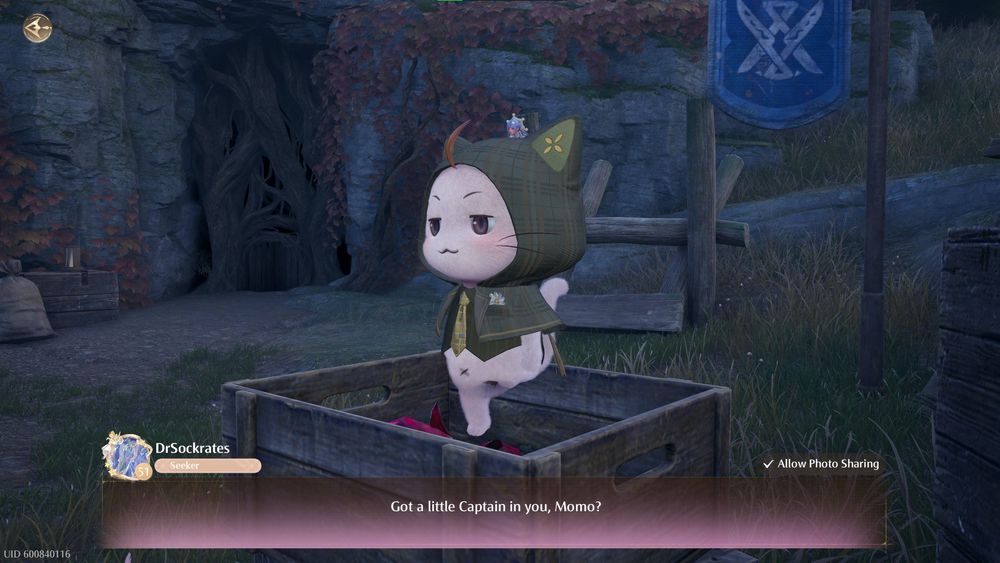 Momo standing in a crate, except an invisible collision box is forcing Momo's foot to be buried within his torso like an extreme Captain Morgan pose because of inverse kinematics making the animation glitch. This picture is captioned as an in-game hourglass with "Got a little Captain in you, Momo?"