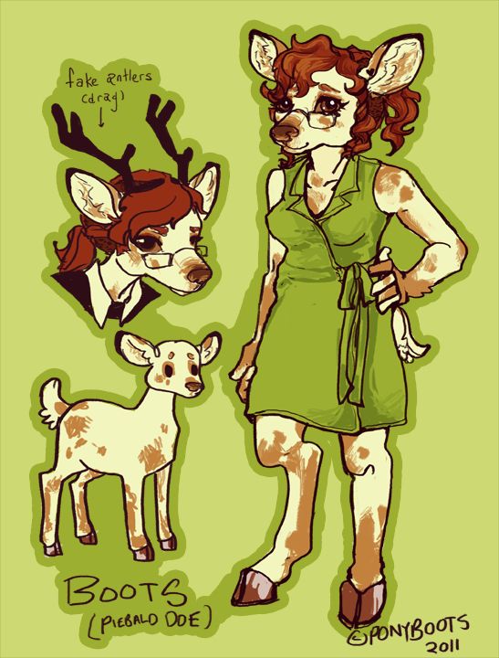 A ref sheet from 2011 of a deer character named Boots. They are piebald, mostly white with splotchy light brown markings. They have curly red-brown hair pulled up into a ponytail. The sheet shows a headshot of them wearing fake antlers, a quadrupedal form, and a full body in a green dress tied with a bow.