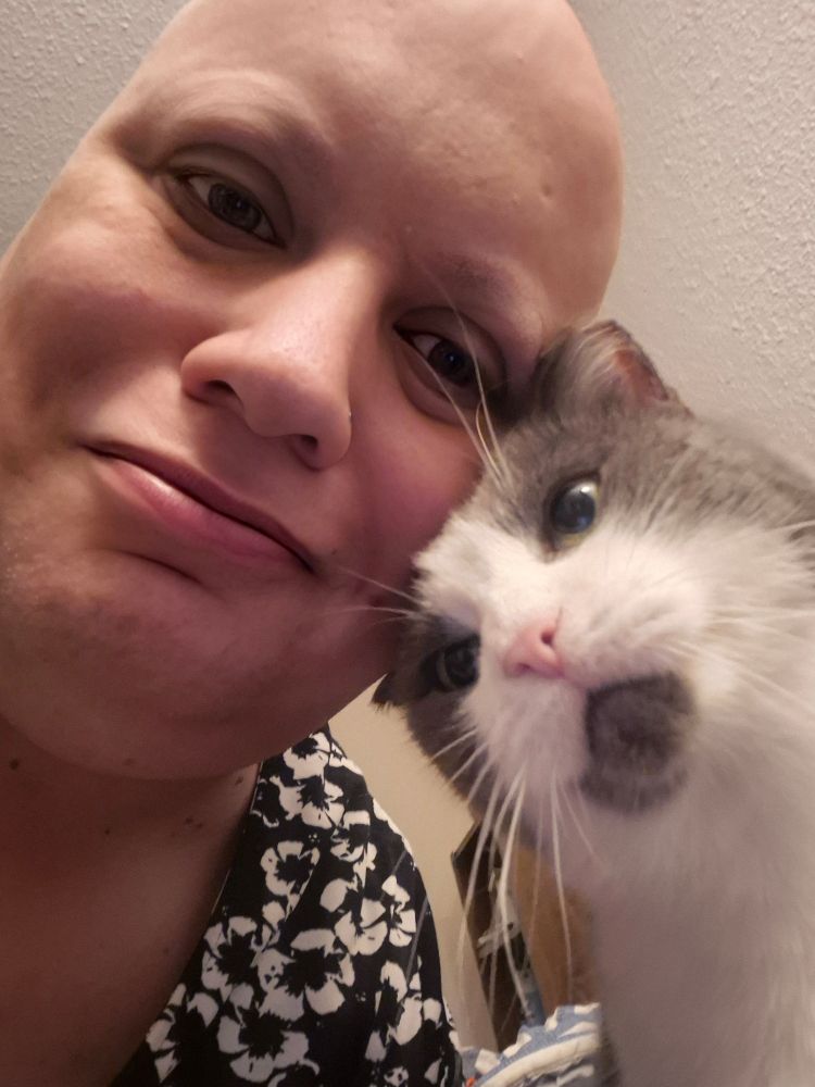 A close-up of Bronwyn and their cat Autumn touching heads. Bronwyn is a bald trans femme wearing a black and white floral top, and is looking lovingly at Autumn, a grey and white tuxedo cat with a grey chin.