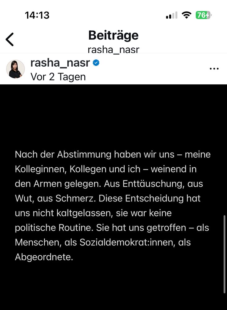 Ein Insta Post der Politikerin Rasha Nasr, die trotz der eigenen Fluchtgeschichte gegen einen Familiennachzug stimmte. Ihr bereitet es richtig Bauchschmerzen wie ein Fascho zu stimmen. 
