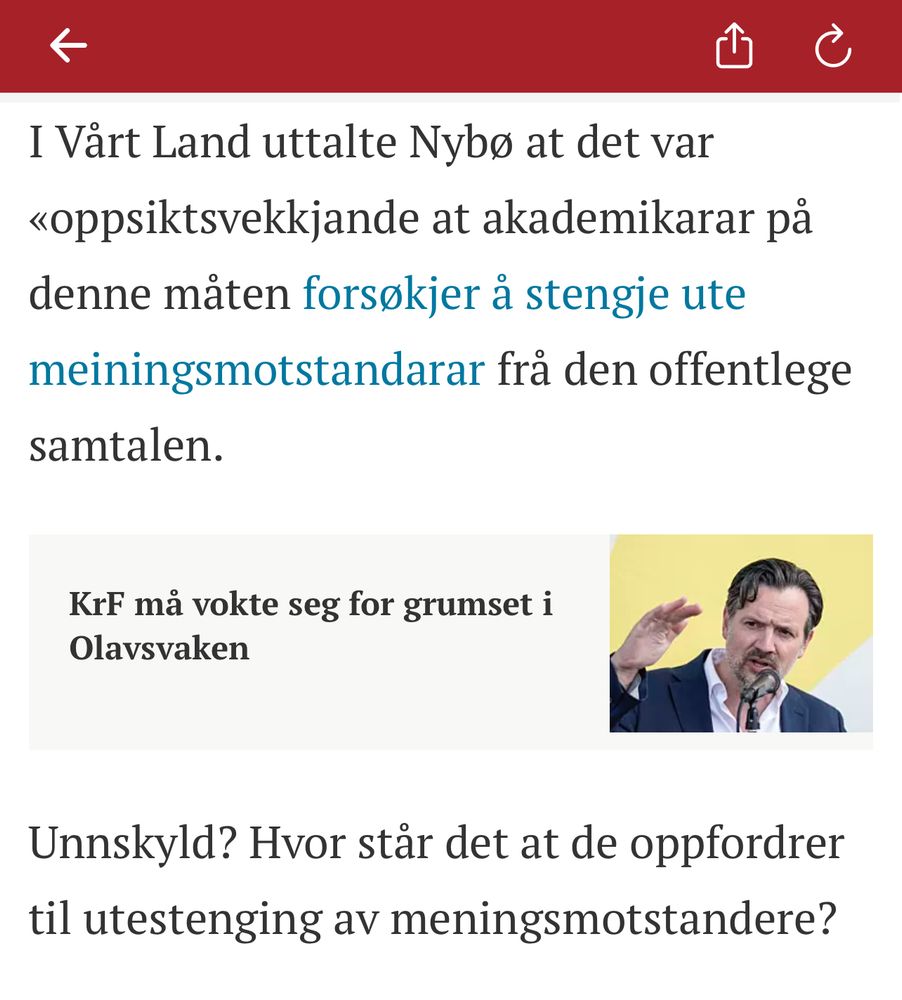 I Vårt Land uttalte Nybø at det var «oppsiktsvekkjande at akademikarar på denne måten forsøkjer å stengje ute meiningsmotstandarar frå den offentlege samtalen.

Unnskyld? Hvor står det at de oppfordrer til utestenging av meningsmotstandere?
