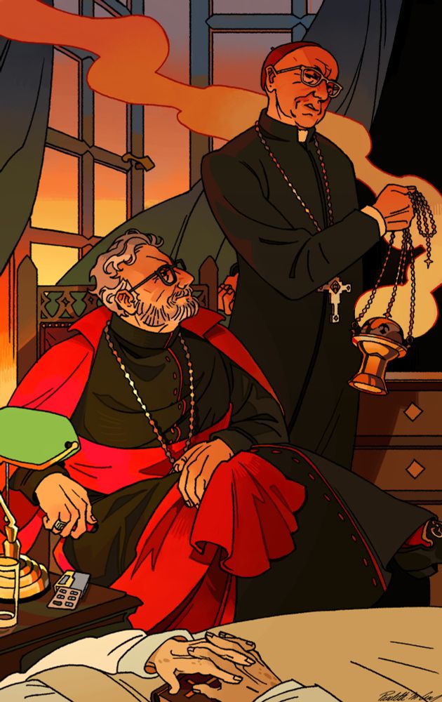 Cardinal Bellini and cardinal Tedesco from the hit 2024 movie conclave, performing the last rites for an anonymous old person. Bellini is at the back of the room just in front of the window, holding a thurible. He is looking down at Tedesco, brows frown and corner of his lips turned up in disdain. Tedesco is sitting on a chair at the bed side, legs crossed holding the end of his cape. He is looking at Bellini a sour expression on his face. Only the hands of the dying person in bed are visible at the bottom of the image, they are crossed over a bible. The sky is at sunset, visible through the window at the back of the room.