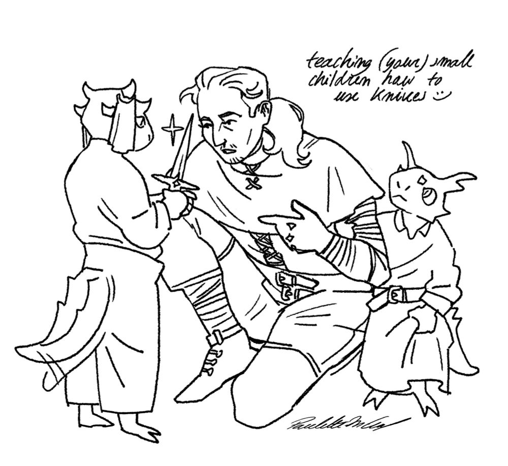 Sketch of Lucien Lachance in his 20s, crouching down, surrounded by two small argonian children. He is wearing the base Oblivion Dark Brotherhood light armor, his air tied back in a significantly shorter ponytail. He is speaking at eye level to Ocheeva, here shown with large pants and long sleeved top. She looks very focused on the blade she holds in her tiny hands, but is betrayed by her tail wagging showing how exited she is. Teinaava looks smaller than her, he is wearing a simple long robe with a belt. He is standing beside Lucien, holding on to his left arm. On the top right of the image it reads : "Teaching (your) small children how to use knives :)" 