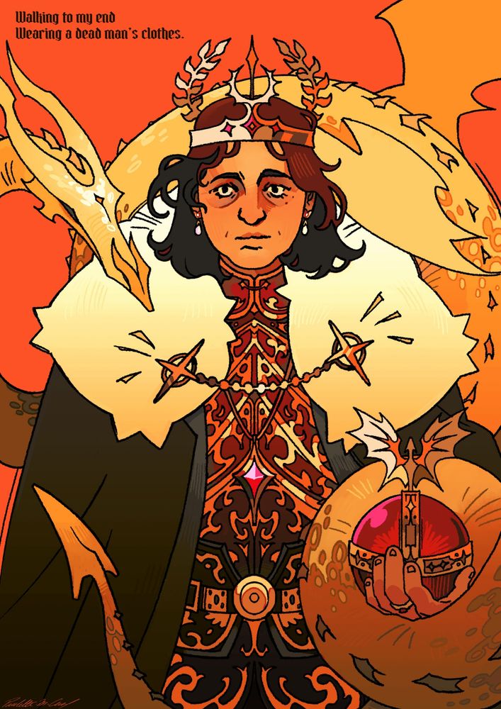 Martin Septim from hit game Oblivion 2006. He is facing the camera looking haggard in his emperor robes and crown and fluffy cape. Windind around him is a small serpent like gold dragon, Akatosh. Background is solid orange, in the top left corner is writen "walking to my end, wearing a dead man's clothes" 