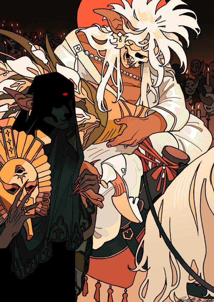Nerevar is mounted on a pale horse, he is dressed in fancy white clothes with pearls and heeled boots. He is slumped, and his face is missing showing a skull. He is loosely holding a bouquet of Arum. A tall veiled figure holding a gold mask is at his side, holding his hand. Dagoth ur's face is barely visible, safe for his glowing third eye. Behind them, a lot of people in line are watching them advance, they are smilling and holding candles. 