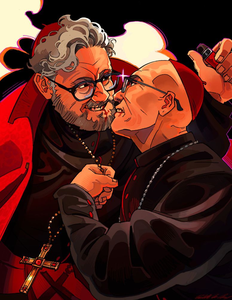 Goffredo Tedesco and Aldo Bellini from the 2024 hit movie conclave, in a heated argument. Bellini is very angry, yanking Tedesco by his golden cross to bring his face closer. Tedesco is grinning, vape in hand. He has a split lip, but both of them have blood on their mouth, implying Bellini just bite him.
