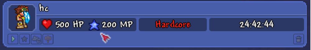 A file select screen depicting the same Terraria player. Note the difficulty "Hardcore".