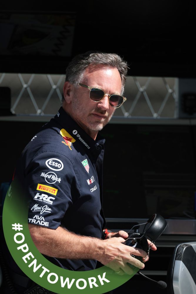A photo of Christian Horner, sacked as Red Bull Racing team boss this morning. It includes a banner saying open to work.