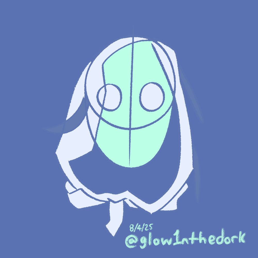 A drawing of an unknown figure, wearing a pale green mask with large white circles for eyes, with a white hood and little blue ribbons dangling from it...

(The figure was intended to be a Forest Dweller from the world of Absolver, as this was the mask my character wore throughout their story... albeit in more natural colors~)