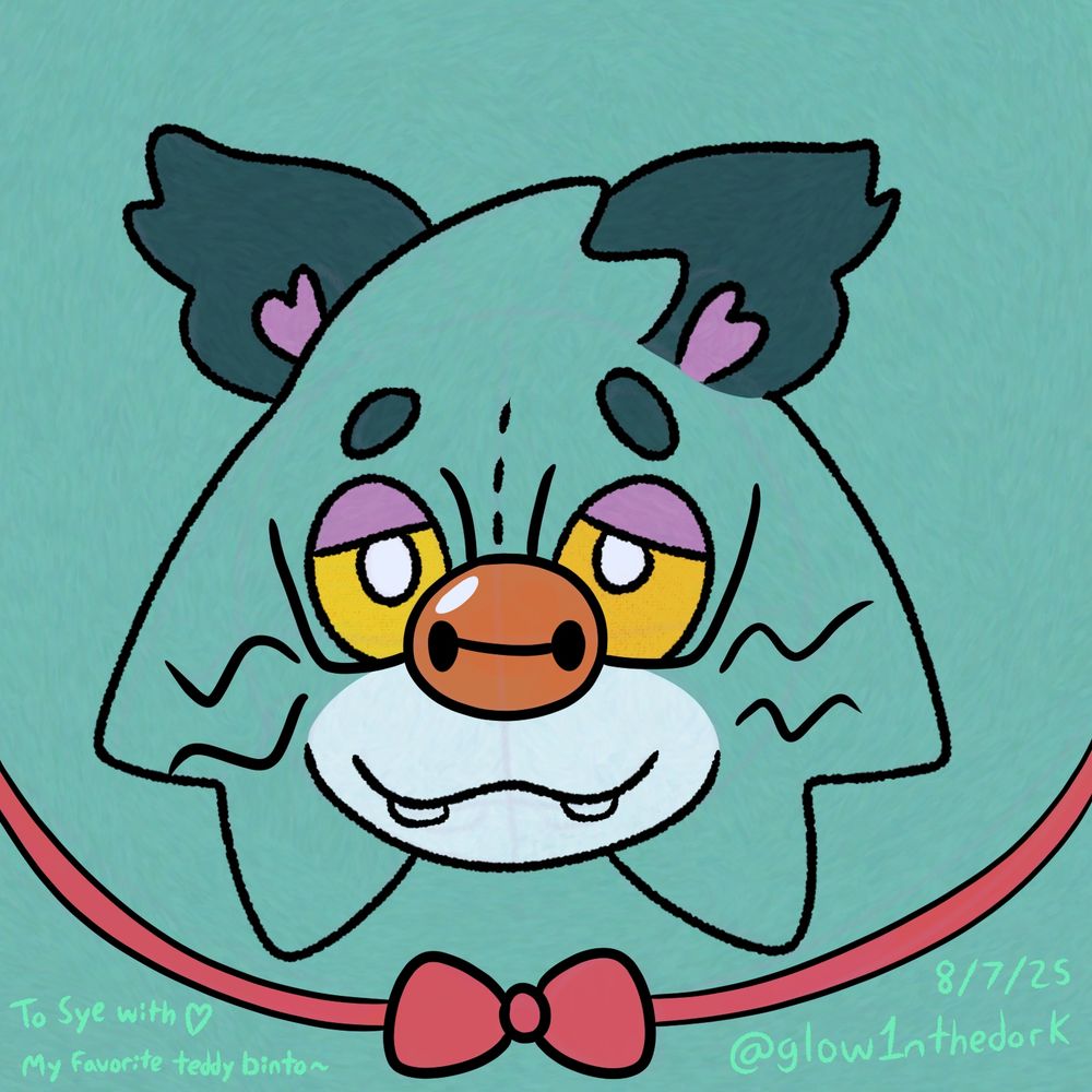 Daily doodle #9, a drawing of my best plush friend, Bintobox! Drew its head showing a tired, comfy expression as the background is its bwoomphed-up body filled with stuffing!