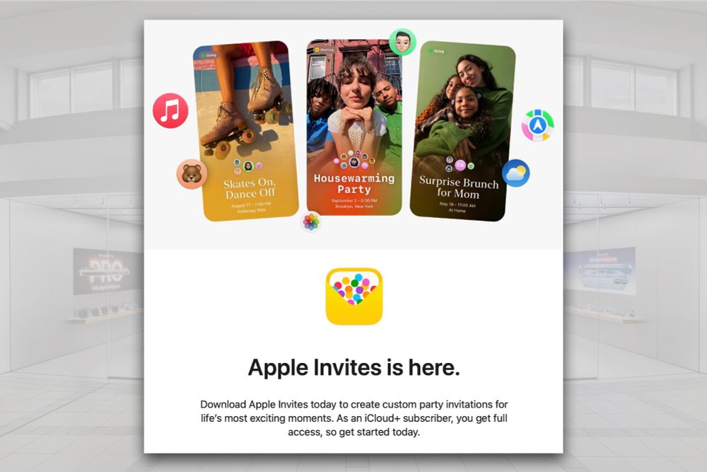 A screenshot of a recent email received from Apple which describes its new 'Apple Invites' app. In turn, it shows screenshots from the app and the sentence « Download Apple Invites today to create custom party invitations for life's most exciting moments. As an iCloud+ subscriber, you get full access, so get started today. »