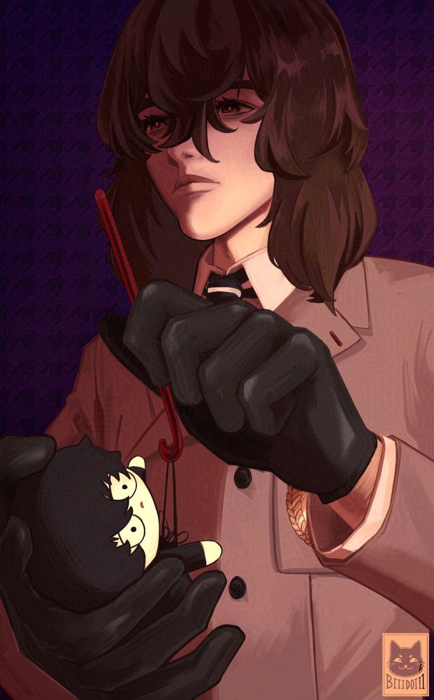 Goro Akechi unweaving a tiny plush of the persona 5 protagonist.