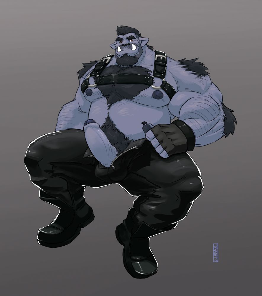 Jolk, a meaty werewolf orc, in his leather garb, consisting of boots, pants, fingerless gloves, and a harness. He's sitting in the voice, cock out, looking at the viewer expectantly.