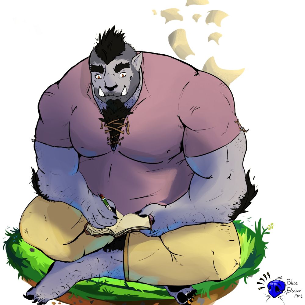 Jolk, a blue orc werewolf, writing in his journal on a small green grassy island in the void. A flutter of pages appears behind him.