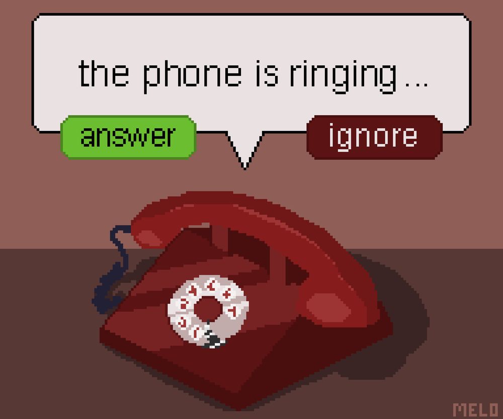 isometric pixel art of a red rotary phone. A speech bubble floats above it: "The phone is ringing..." There are two buttons beneath it: Answer, and Ignore